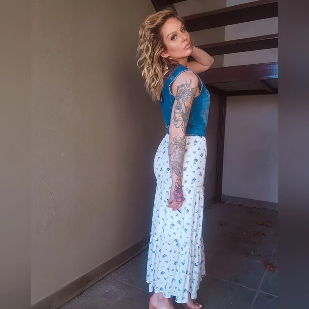 White Maxi Skirt with Blue Floral Print - Picture 6 of 8